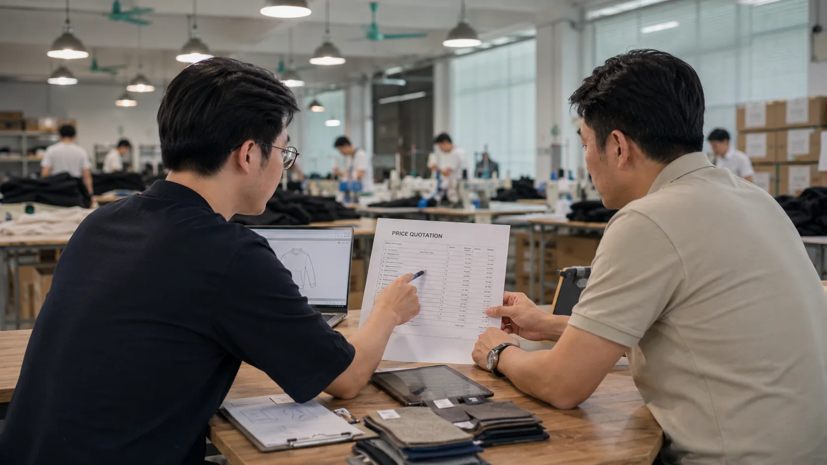 Peco reviewing a supplier price quotation inside a factory